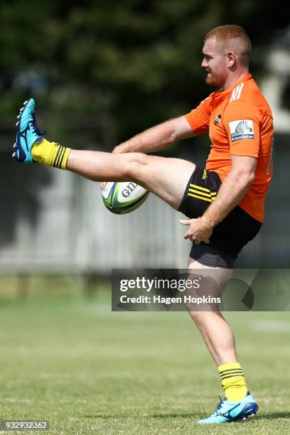 Jamie Booth of the Hurricanes warms up during the development squad trial match between the Hurricanes and the Blues at Evans Bay Park on March 17,...