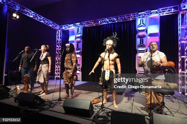 Mau Power, Alena Murang, Charles Maimarosia, Yoyo Tuki, and Ben Hakalitz of Small Island Big Song perform at the International Day Stage during SXSW...