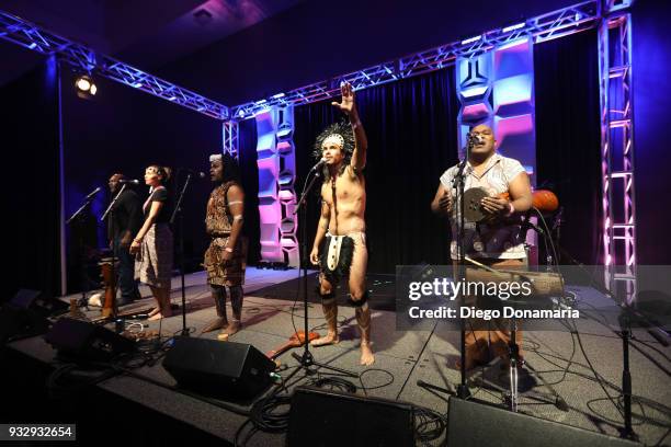 Mau Power, Alena Murang, Charles Maimarosia, Yoyo Tuki, and Ben Hakalitz of Small Island Big Song perform at the International Day Stage during SXSW...