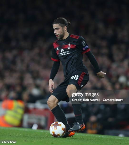 Milan's Ricardo Rodriguez during the Europa League Round of 16 Second Leg match between Arsenal and AC Milan at Emirates Stadium on March 15, 2018 in...