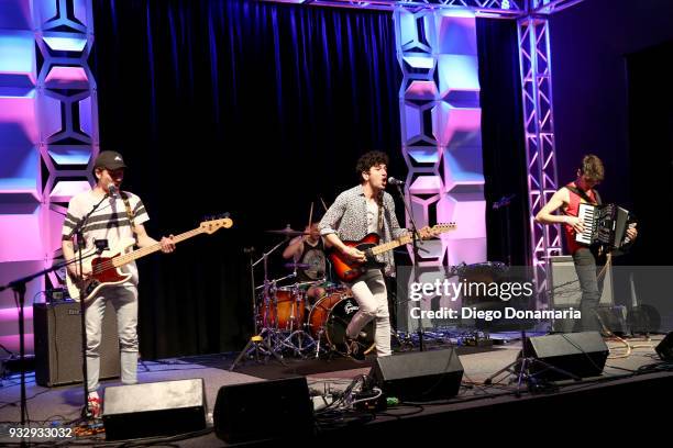 Capitan Jimmy, Ponz, Marcelo and Matteo of Espana Circo Este perform at the International Day Stage during SXSW at Lustre Pearl on March 16, 2018 in...