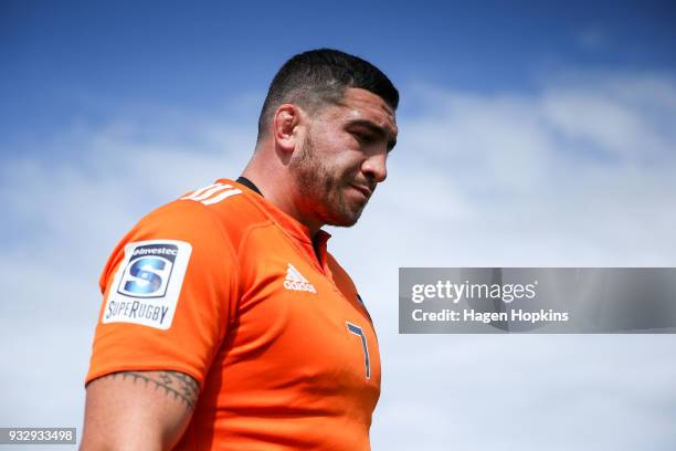 Jeffery Toomaga-Allen of the Hurricanes looks on while warming up during the development squad trial match between the Hurricanes and the Blues at...