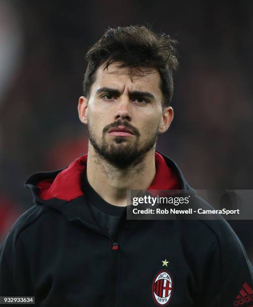 Milan's Suso during the Europa League Round of 16 Second Leg match between Arsenal and AC Milan at Emirates Stadium on March 15, 2018 in London,...