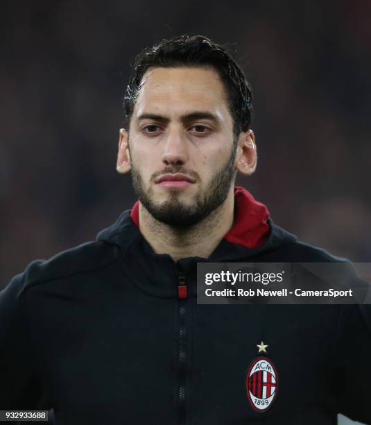 Milan's Hakan Calhanoglu during the Europa League Round of 16 Second Leg match between Arsenal and AC Milan at Emirates Stadium on March 15, 2018 in...