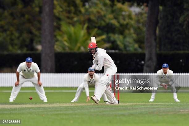 Chad Bowes of Canterbury bats during the Plunket Shield match between Canterbury and Auckland on March 17, 2018 in Rangiora, New Zealand.