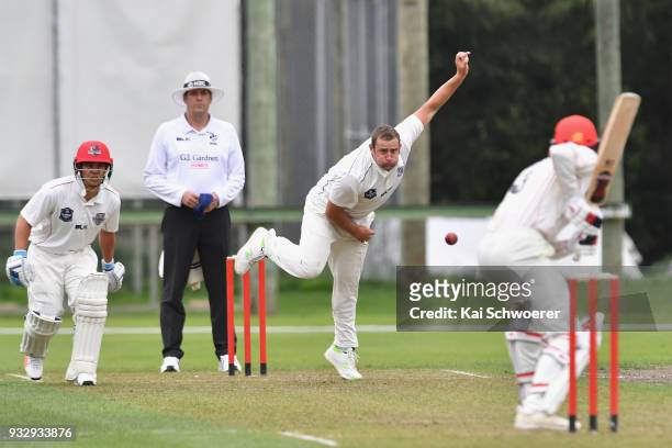 Matt McEwan of the Auckland Aces bowls during the Plunket Shield match between Canterbury and Auckland on March 17, 2018 in Rangiora, New Zealand.