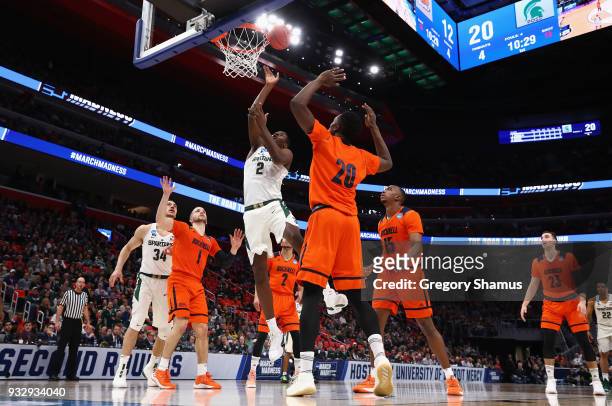 Jaren Jackson Jr. #2 of the Michigan State Spartans shoots the ball during the first half against the Bucknell Bison in the first round of the 2018...