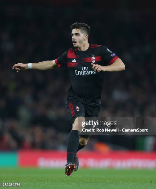 Milan's Andre Silva during the Europa League Round of 16 Second Leg match between Arsenal and AC Milan at Emirates Stadium on March 15, 2018 in...