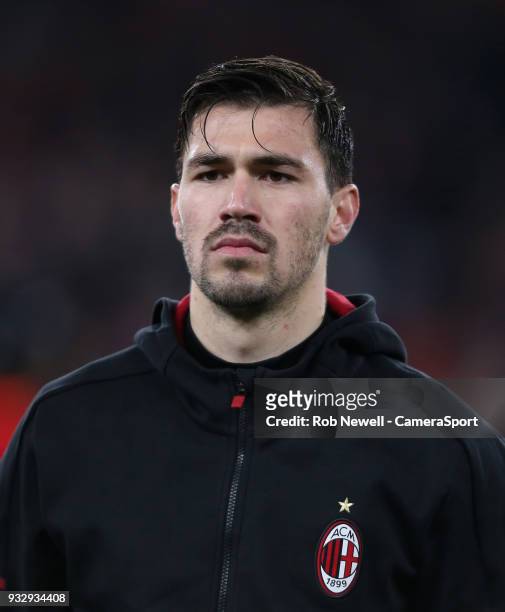 Milan's Alessio Romagnoli during the Europa League Round of 16 Second Leg match between Arsenal and AC Milan at Emirates Stadium on March 15, 2018 in...