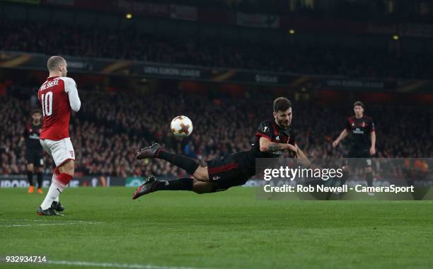 Milan's Patrick Cutrone during the Europa League Round of 16 Second Leg match between Arsenal and AC Milan at Emirates Stadium on March 15, 2018 in...