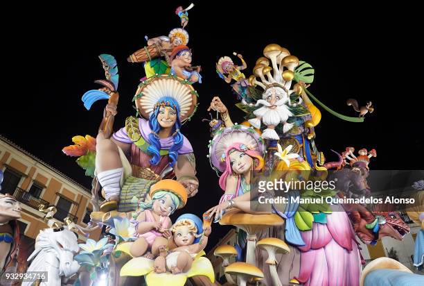 Characters of the Falla Convent de Jerusalem-Matematic Marzal are seen during the Fallas Festival on March 16, 2018 in Valencia, Spain. The Fallas...