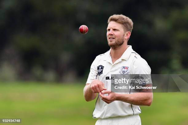 Stuart Meaker of the Auckland Aces looks on during the Plunket Shield match between Canterbury and Auckland on March 17, 2018 in Rangiora, New...