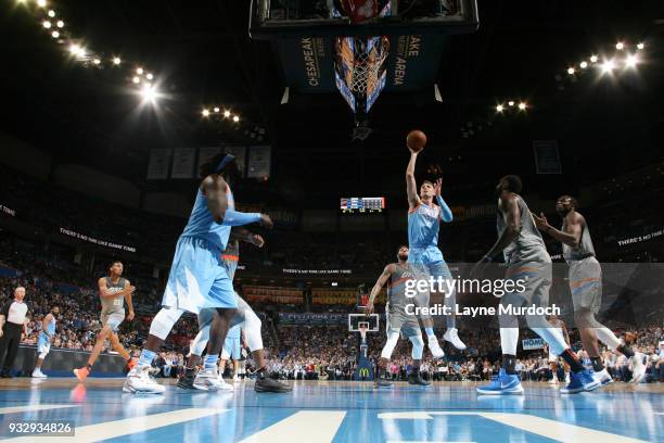 Sam Dekker of the LA Clippers shoots the ball during the game against the Oklahoma City Thunder on March 16, 2018 at Chesapeake Energy Arena in...