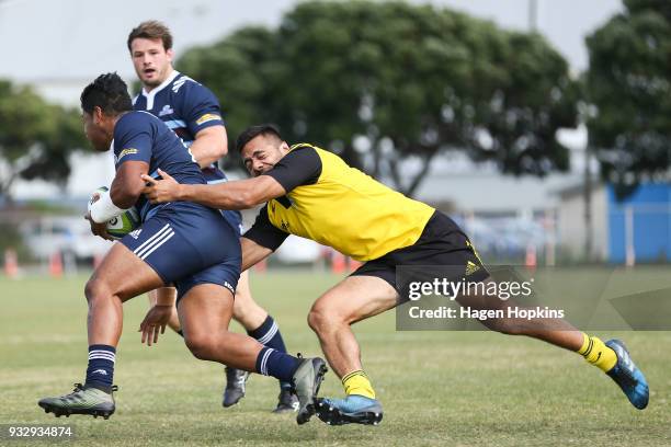 Lewis Gjaltema of the Blues A Team kicks during the development squad trial match between the Hurricanes and the Blues at Evans Bay Park on March 17,...