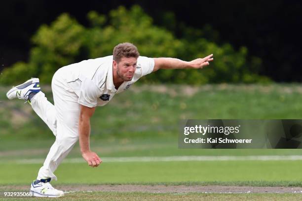 Stuart Meaker of the Auckland Aces bowls during the Plunket Shield match between Canterbury and Auckland on March 17, 2018 in Rangiora, New Zealand.