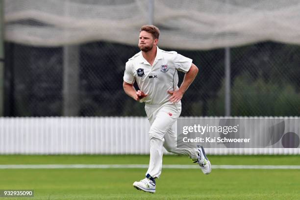 Stuart Meaker of the Auckland Aces runs in to bowl during the Plunket Shield match between Canterbury and Auckland on March 17, 2018 in Rangiora, New...