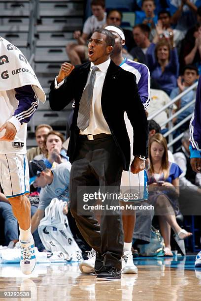 Chris Paul of the New Orleans Hornets cheers after a play against the Atlanta Hawks on November 21, 2009 at the New Orleans Arena in New Orleans,...