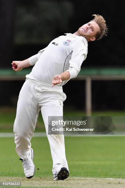 Lockie Ferguson of the Auckland Aces bowls during the Plunket Shield match between Canterbury and Auckland on March 17, 2018 in Rangiora, New Zealand.