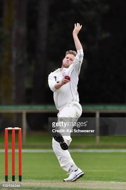 Lockie Ferguson of the Auckland Aces bowls during the Plunket Shield match between Canterbury and Auckland on March 17, 2018 in Rangiora, New Zealand.