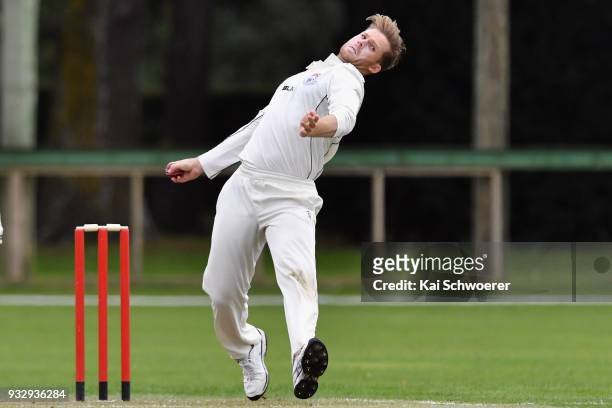 Lockie Ferguson of the Auckland Aces bowls during the Plunket Shield match between Canterbury and Auckland on March 17, 2018 in Rangiora, New Zealand.