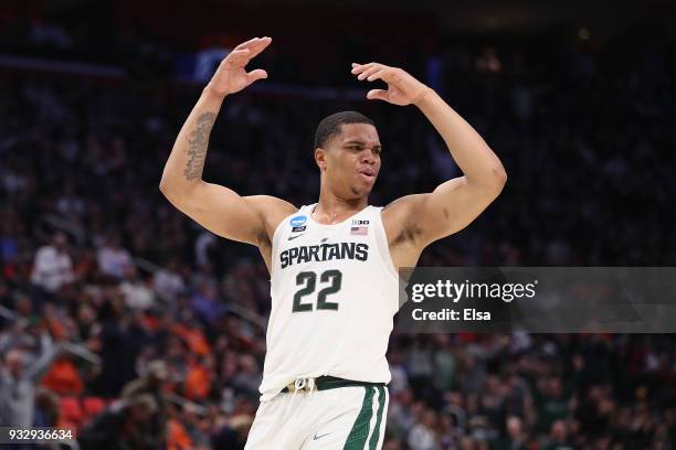 Miles Bridges of the Michigan State Spartans celebrates during the second half against the Bucknell Bison in the first round of the 2018 NCAA Men's...