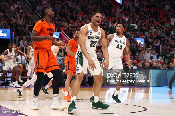 Miles Bridges of the Michigan State Spartans celebrates during the second half against the Bucknell Bison in the first round of the 2018 NCAA Men's...