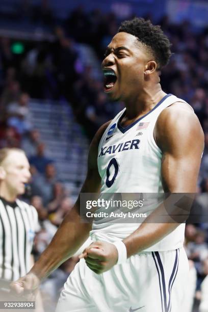 Tyrique Jones of the Xavier Musketeers reacts against the Texas Southern Tigers during the game in the first round of the 2018 NCAA Men's Basketball...