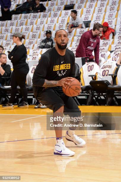 Derrick Williams of the Los Angeles Lakers warms up before the game against the Cleveland Cavaliers on March 11, 2018 at STAPLES Center in Los...