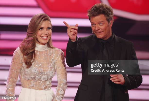 Hosts Victoria Swarovski and Oliver Geissen are seen during the 1st show of the 11th season of the television competition 'Let's Dance' on March 16,...