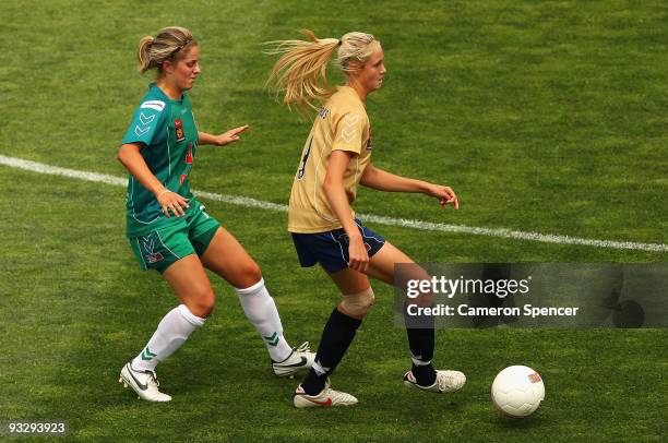 Tara Andrews of the Jets controls the ball ahead of Ellie Brush of Canberra during the round eight W-League match between the Newcastle Jets and...