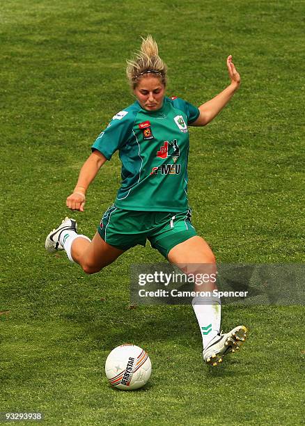 Ellie Brush of Canberra kicks the ball during the round eight W-League match between the Newcastle Jets and Canberra United at EnergyAustralia...