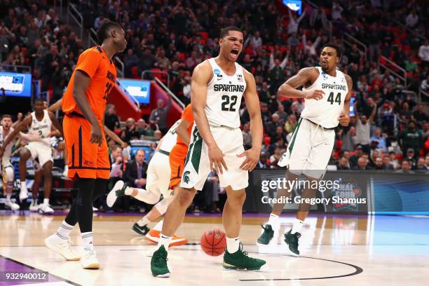 Miles Bridges of the Michigan State Spartans reacts during the second half against the Bucknell Bison in the first round of the 2018 NCAA Men's...