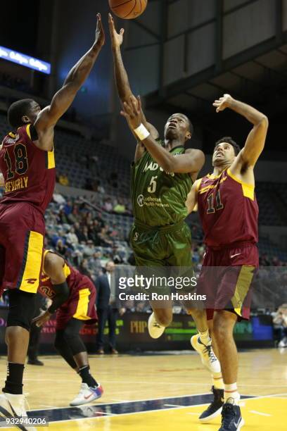 Edmond Summer of the Fort Wayne Mad Ants Grant Jerrett and Gerald Beverly of the Canton Charge on March 16, 2018 at Memorial Coliseum in Fort Wayne,...