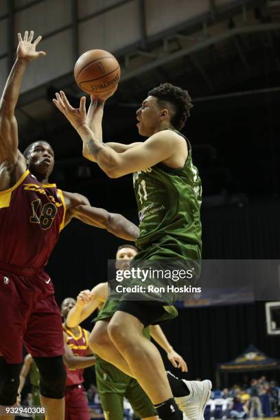 Stephan Hicks of the Fort Wayne Mad Ants battles Gerald Beverly of the Canton Charge on March 16, 2018 at Memorial Coliseum in Fort Wayne, Indiana....