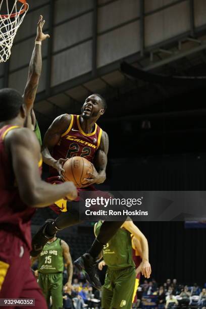 JaCorey Williams of the Canton Charge takes on a Mad Ants defender on March 16, 2018 at Memorial Coliseum in Fort Wayne, Indiana. NOTE TO USER: User...