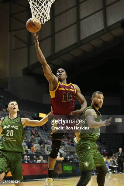 Jarrod Uthoff of the Fort Wayne Mad Ants battles Gerald Beverly of the Canton Charge on March 16, 2018 at Memorial Coliseum in Fort Wayne, Indiana....