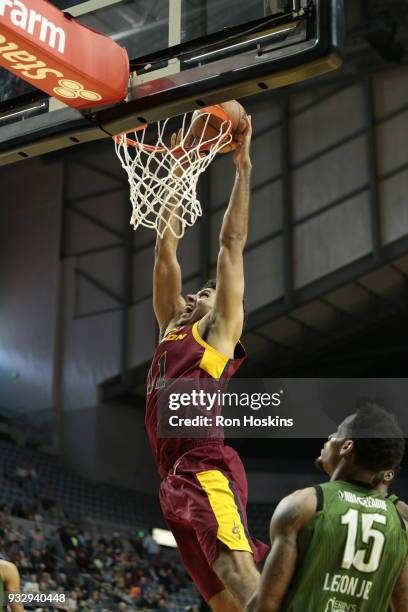 Walt Lemon Jr. #15 of the Fort Wayne Mad Ants battles Grant Jerrett of the Canton Charge on March 16, 2018 at Memorial Coliseum in Fort Wayne,...