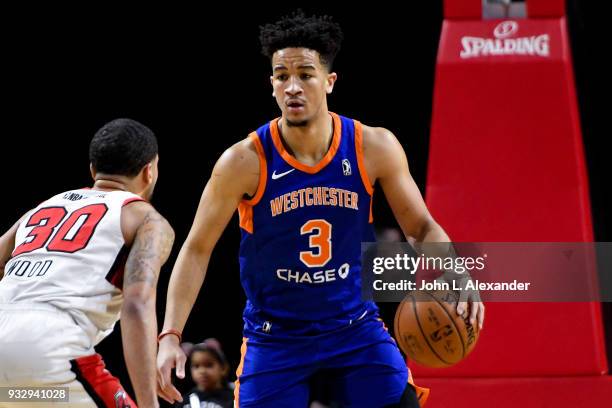 Billy Garrett of the Westchester Knicks handles the ball against the Windy City Bulls on March 16, 2018 at the Sears Centre Arena in Hoffman Estates,...