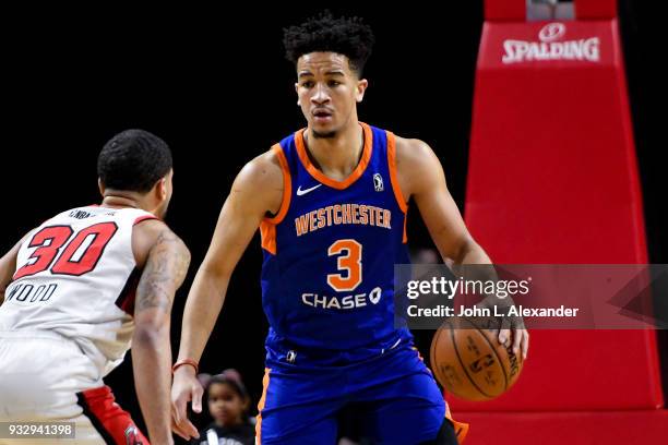 Billy Garrett of the Westchester Knicks handles the ball against the Windy City Bulls on March 16, 2018 at the Sears Centre Arena in Hoffman Estates,...