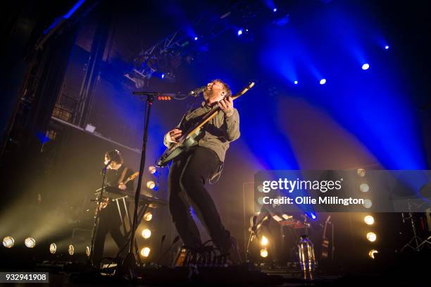 Andy Monaghan, Scott Hutchison and Simon Liddell of Frightened Rabbit perform onstage at O2 Forum Kentish Town on March 16, 2018 in London, England.