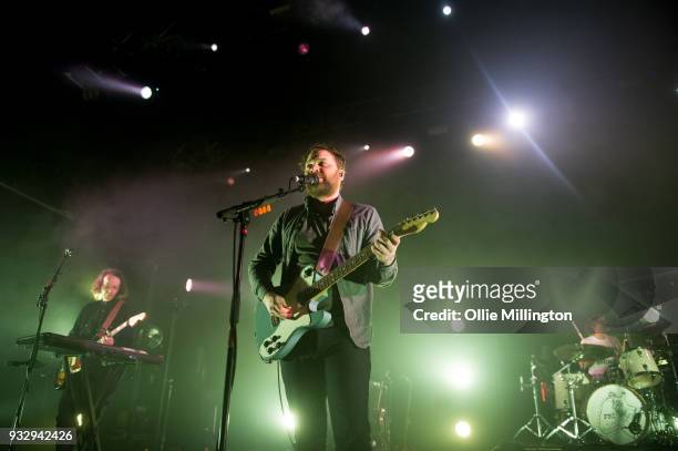 Simon Liddell, Scott Hutchison and Grant Hutchison of Frightened Rabbit perform onstage at O2 Forum Kentish Town on March 16, 2018 in London, England.
