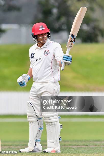 Ken McClure of Canterbury celebrates his half century during the Plunket Shield match between Canterbury and Auckland on March 17, 2018 in Rangiora,...