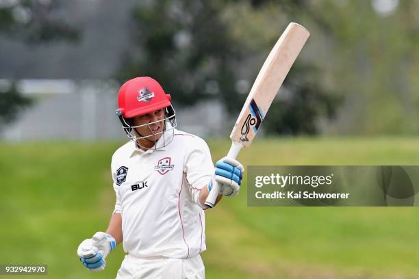 Ken McClure of Canterbury celebrates his half century during the Plunket Shield match between Canterbury and Auckland on March 17, 2018 in Rangiora,...