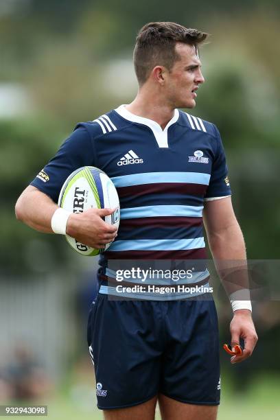 Harry Plummer of the Blues A Team looks on during the development squad trial match between the Hurricanes and the Blues at Evans Bay Park on March...