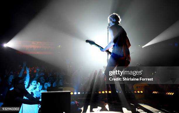 Alex Gaskarth of All Time Low performs live on stage at Manchester Arena on March 16, 2018 in Manchester, England.