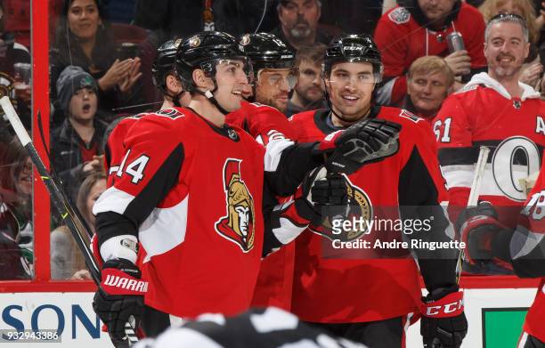 Marian Gaborik of the Ottawa Senators celebrates his third period goal against the Dallas Stars with teammates Alexandre Burrows, Cody Ceci and Ryan...