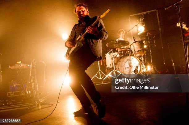 Scott Hutchison and Grant Hutchison of Frightened Rabbit perform onstage at O2 Forum Kentish Town on March 16, 2018 in London, England.