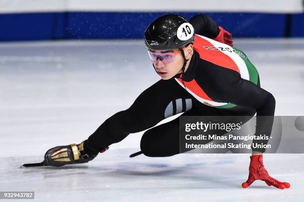 Shaolin Sandor Liu of Hungary competes in the men's 1500 meter heats during the World Short Track Speed Skating Championships at Maurice Richard...