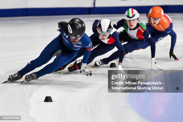 Maame Biney of the USA competes in the women's 1500 meter heats during the World Short Track Speed Skating Championships at Maurice Richard Arena on...