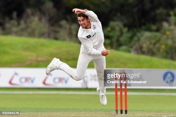 Danru Ferns of the Auckland Aces bowls during the Plunket Shield match between Canterbury and Auckland on March 17, 2018 in Rangiora, New Zealand.